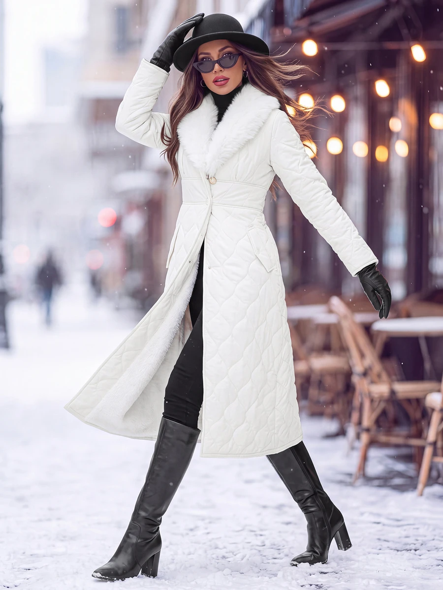 Editum Women's Comfortable Button-Up Waist-Cinching Fur Collar Padded Coat - White - View 1