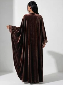 Veilorie Plus Size Women's Contrast Lace V-Neck Batwing Sleeve Elegant Dress - Brown - View 2