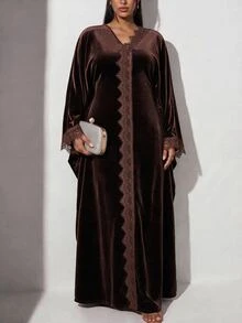 Veilorie Plus Size Women's Contrast Lace V-Neck Batwing Sleeve Elegant Dress - Brown - View 3