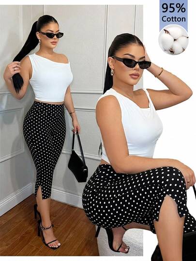 SHEIN SXY Women's 7/8 Length Leggings, Black & White Polka Dot Pattern, All-Season Versatile Modern Urban Fashion Business Casual Office Wear, Low-Key Old Money Style Elegant High-End Commute Airport Outfit