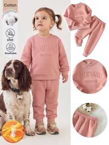 SHEIN 4-8歲女童兩件式羅紋運動套裝，圓領壓紋字母衛衣與慢跑長褲套組，棉混紡春秋休閒小女孩穿搭 - 粉色 - 查看 3