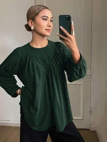 DAZY Blus Boneka Wanita Warna Polos Longgar Kerah Bulat Lengan 3/4 Kerut Corduroy Kasual untuk Liburan Musim Semi dan Musim Gugur - Hijau - View 3