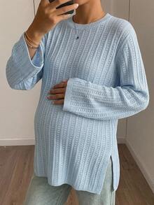 Dazy Maternity Solid Color Loose Textured Ribbed Long Sleeve Casual Daily Vacation Autumn/Winter Knit Sweater Maternity - Blue - View 3