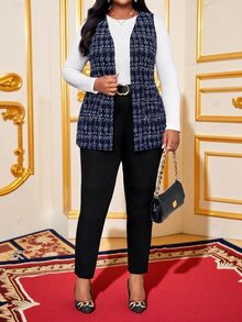 SHEIN Lady Plus Size Minimalist Black & White Plaid Vest, Suitable For Everyday Wear In Fall/Winter - Navy Blue - View 5