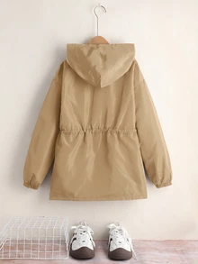 SHEIN 少女款寬鬆休閒連帽極簡純色收腰長袖百搭風衣 - 杏色 - 查看 9