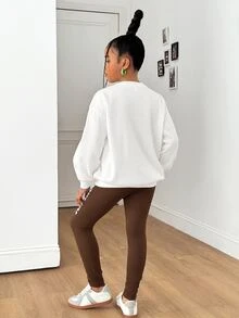 SHEIN 兒童青少年女孩字母印花針織套頭衛衣 + 針織內搭褲 2件套，休閒時尚日常百搭 - 棕色 - 查看 2