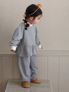 DAZY Infant/Toddler (Girl) Round Neck Striped Korean Style Long Sleeve Ruffle Trim Casual Sweatshirt - Grey - View 7