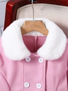 SHEIN Tween Girl灰色長款雙排扣蝴蝶結裝飾大衣，適合假日、夏季、旅行 - 粉色 - 查看 4