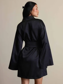 COSMINA V-Neck Long Sleeve Flare Sleeve With Belt Black Elegant Fall Women's Mini Dress Cocktail Night Out - Black - View 2