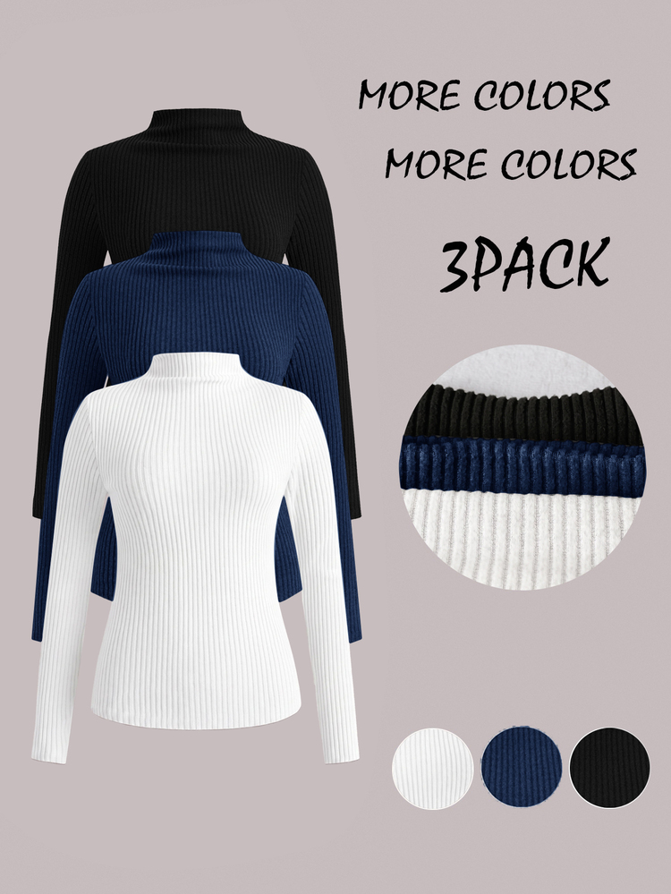 SHEIN LUNE 3PCS Women Solid Ribbed Long Sleeve T-Shirts - Navy Blue - View 1