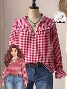 Rusticease Plus Size Korean Style Ruffle Trim Plaid Shirt - Red and White - View 3