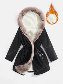 SHEIN CURVE+ معطف باركا شتوي مبطن بفرو تيدي مع خصر مشدود وغطاء رأس - الأسود - مشاهدة 4