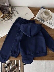 Bubblio Kids Young Boy Casual Style Loose Fit Letter Pattern Hooded Sweatshirt,Elastic Waist Long Autumn Pants Set,Back-To-School,School,Summer,Outdoor ,Party - Navy Blue - View 2