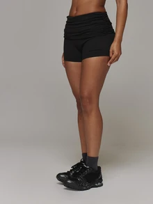 Musera Sport Fold Over Ruched Waist Soft Touch Fitted Sport Mini Shorts Sport Essentials Basics Gym Workout Autumn Fall Winter - Black - View 3