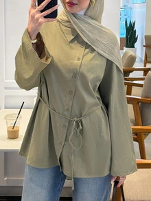 Solavon Women's Long Sleeve Knot Waist Belt Button Asymmetric Design Arab Style Blouse - Green - View 3