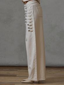MUSERA Cream Denim Wide Leg Miltary Jeans Fall Winter Everyday Causal Back To School Forces - Apricot - View 3