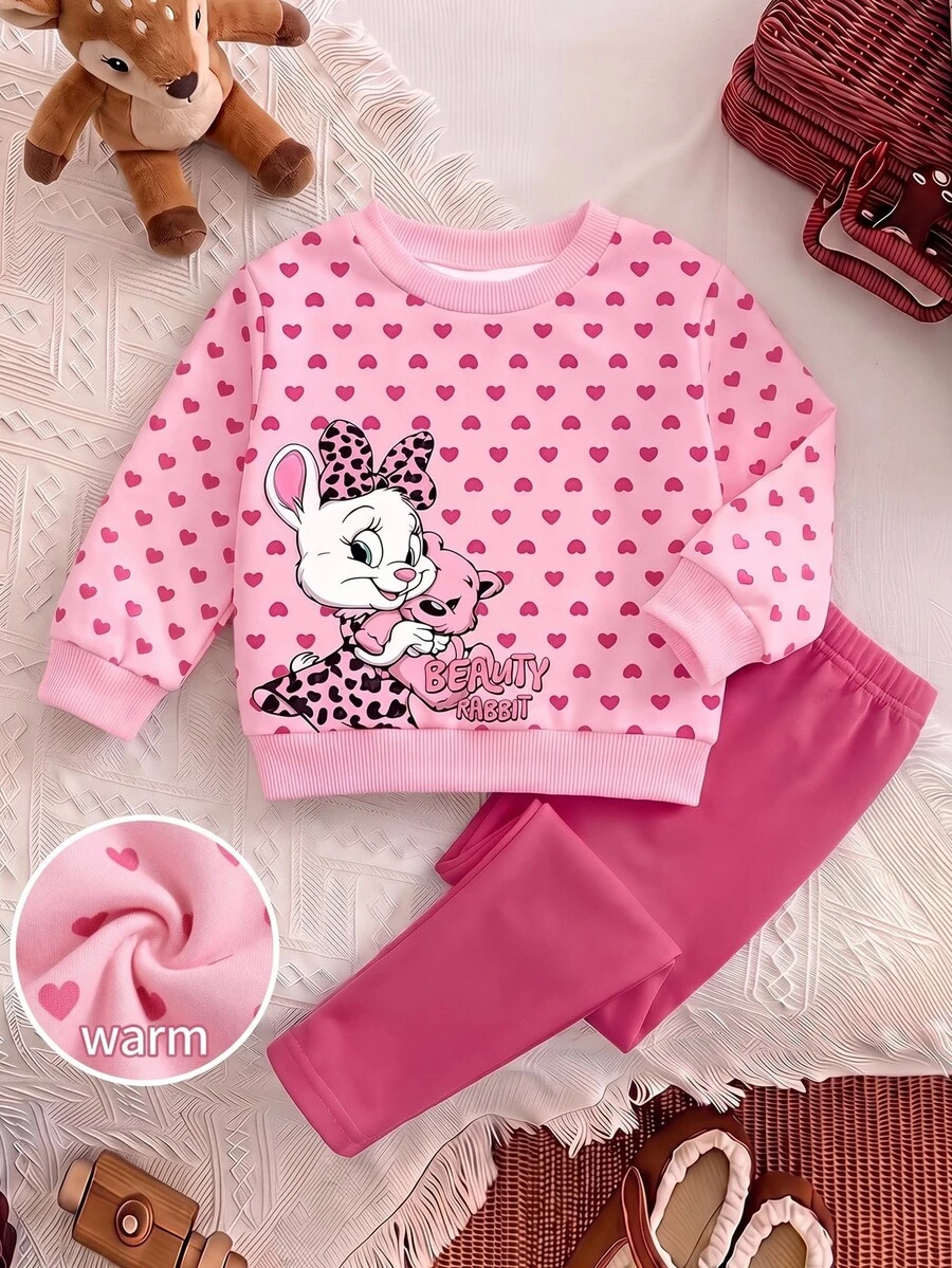 Baby Girl Casual Minimalist Loose Crew Neck Sweatshirt & Elastic Waist Long Pants Set, Thermal Lined For Autumn/Winter - Multicolor - View 1