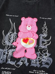 SHEIN X Care Bears تي شيرت رجالي بياقة دائرية وأكمام قصيرة مطبوعة - الأسود - مشاهدة 4