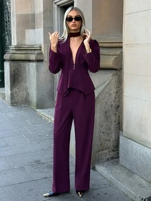Aloruh Set Blazer dan Celana Wanita Warna Polos Fashion Kerah V Dalam - Red Violet - View 6