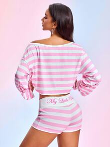 My Little Pony X SHEIN Women's Long Sleeve Cold Shoulder Striped Contrast Color Cartoon Print Top And Striped Shorts Two Pieces Set - White - View 2