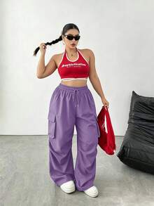 SHEIN Tall CURVE 大尺碼女款純色抽繩腰休閒日常長褲 - 紫色 - 查看 5