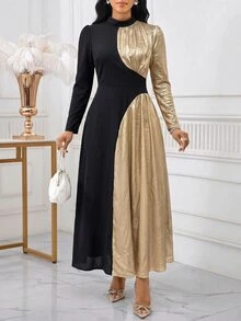 SHEIN Lady Gaun Elegan Wanita dengan Kerah Tegak dan Lengan Panjang Mengembang, Motif Blok Warna - Hitam - View 7
