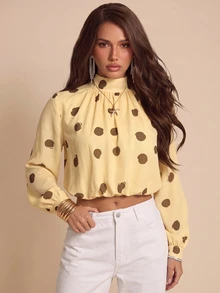 Bluhae 26 Autumn New European And American Style Color Block Polka Dot Bud Fashion Versatile Women's Blouse - Light Yellow - View 1