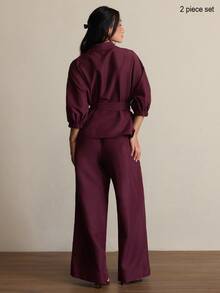 COSMINA Setelan Blus dan Celana Panjang Lengan Mengembang Warna Burgundy untuk Wanita, Pakaian Dua Potong Lengan 3/4 - Burgundy - View 2