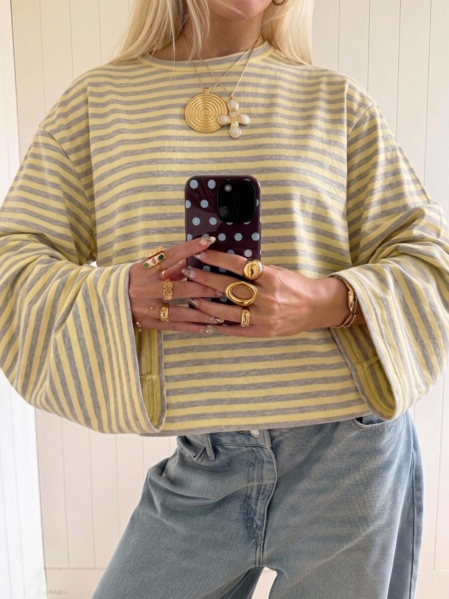 SHEIN EZwear 女款條紋圓領落肩長袖休閒寬鬆T恤 - 彩色 - 查看 1
