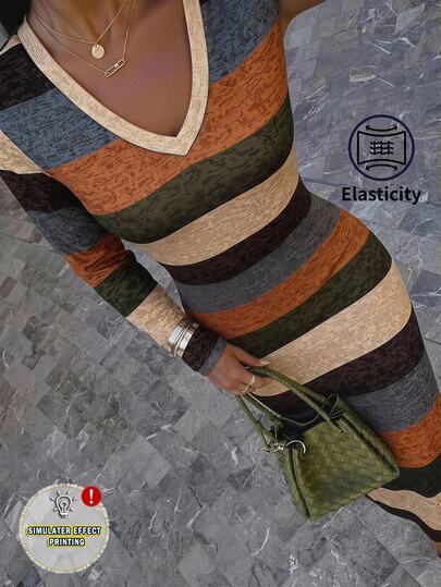 Comfylo Plus Size Women's Long Sleeve Elastic Knit Soft Comfortable Mid-Length Fitted V-Neck Striped Print Casual Everyday Dress