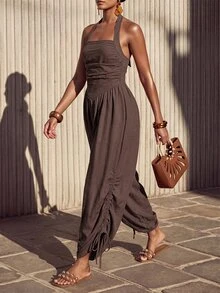 Zivah Women's Halter Neck Backless Tie Back Wide Leg Drawstring Jumpsuit - Coffee Brown - View 8