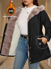 SHEIN CURVE+ معطف باركا شتوي مبطن بفرو تيدي مع خصر مشدود وغطاء رأس - الأسود - مشاهدة 15