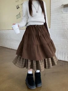 DAZY Women's Waist Tie Patchwork Plaid Ruffle Hem Vintage Skirt - Coffee Brown - View 5