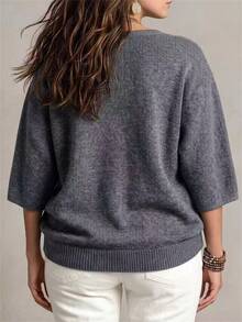 SHEIN Plus Size Grey Loose Drop Shoulder 3/4 Sleeve Casual Commute Artistic Style Relaxed Fit Crew Neck Top - Grey - View 2