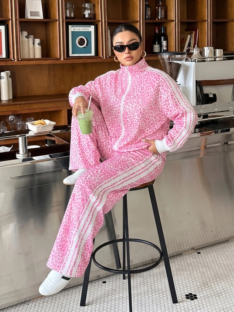 Muchica Plus Size Leopard Print Zip-Up Hoodie And Striped Colorblock Pants 2 Pieces Set - Pink - View 1