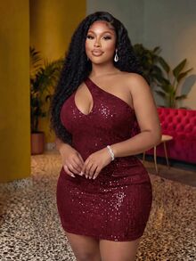 Slaydiva Gaun Tanpa Lengan Seksi Pas Badan dengan Desain Potongan Satu Bahu Berpayet Warna Polos untuk Wanita Ukuran Plus - Burgundy - View 5