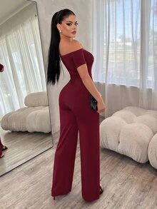 SHEIN SXY 女款純色優雅性感露肩連身褲 街頭風 派對晚餐穿搭 酒紅色 夏季 - 酒紅色 - 查看 2