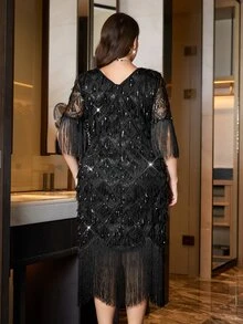 Reflora Plus Size Elegant Luxury Sequin Tassel Decor Dress - Black - View 2