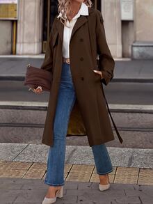 SHEIN Clasi 女款純色保暖內裡休閒百搭長袖風衣大衣 - 棕色 - 查看 3