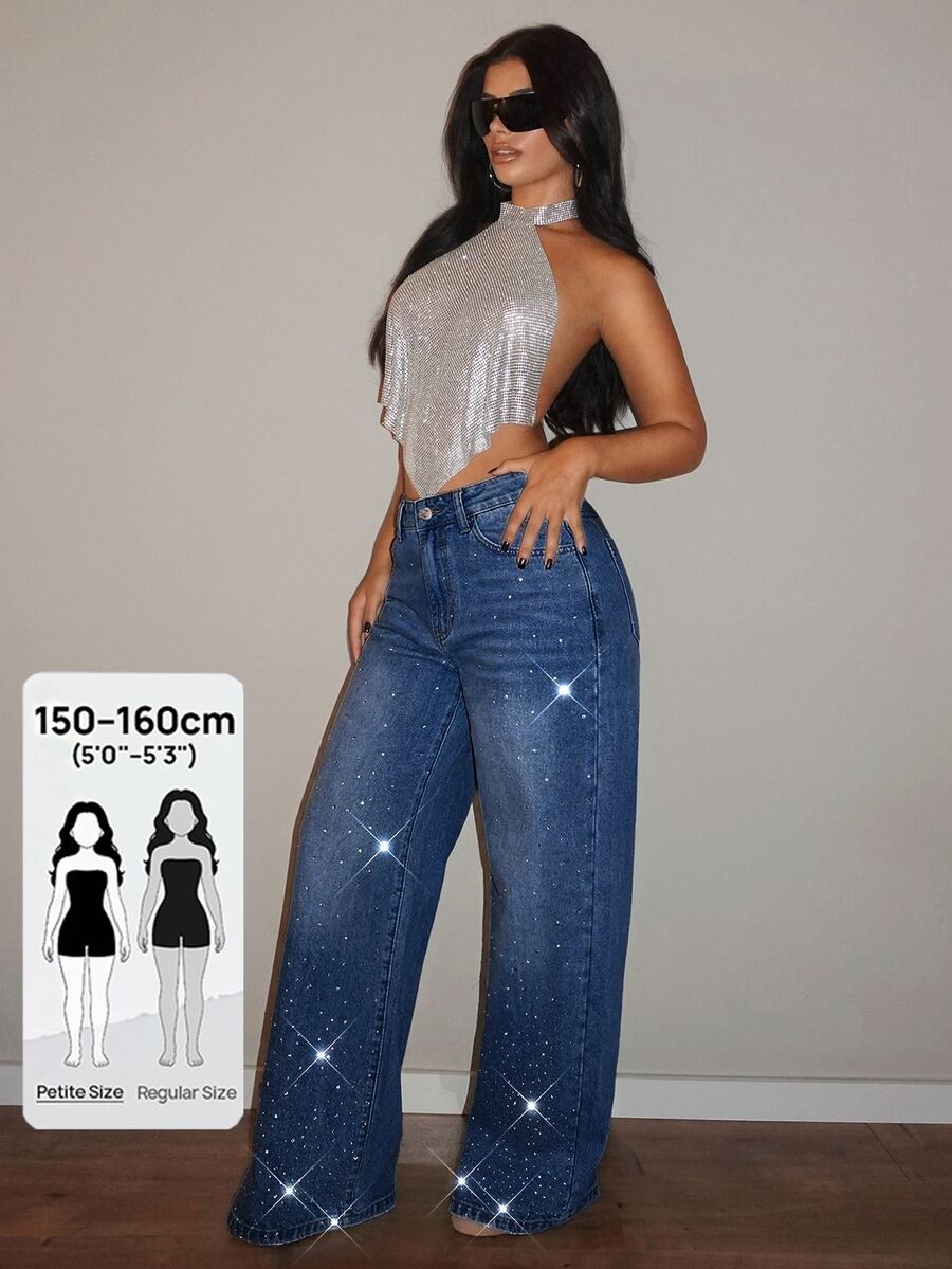 SHEIN PETITE 女款高腰亮片寬腿休閒牛仔褲 - 深色水洗藍 - 查看 1