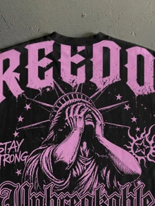 Manfinity ZONE917 American Retro Gothic Statue Of Liberty Covering Face Star FREEDOM Print Black Batwing Sleeve Cropped Loose Short Sleeve T-Shirt - Black - View 2