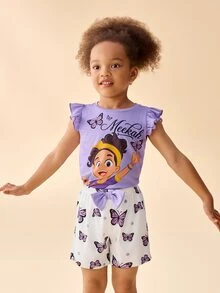 Blippi X SHEIN Set Kasual Sehari-hari untuk Anak Perempuan: Kaos Lengan Bergelombang Motif Kartun dan Celana Pendek - Mauve Purple - View 4