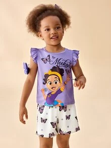 Blippi X SHEIN Set Kasual Sehari-hari untuk Anak Perempuan: Kaos Lengan Bergelombang Motif Kartun dan Celana Pendek - Mauve Purple - View 5