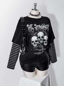 SHEIN ICON Women Plus Size Letter Skull Print Patchwork Striped 2 In 1 T-Shirt - Black - View 12