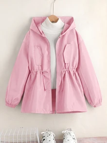 SHEIN 青少年女孩寬鬆休閒連帽極簡純色收腰長袖百搭風衣 - 粉色 - 查看 3