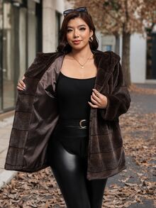 SHEIN Clasi Plus Size Women's Solid Color Fashion Versatile Winter Faux Fur Coat - Coffee Brown - View 9