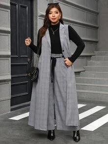 Chikora Setelan Jas Wanita Ukuran Besar Motif Kotak-kotak Kerah Panjang Rompi dan Celana Panjang Lebar untuk Kantor Formal Abu-abu Musim Gugur Elegan Bisnis Kasual - MultiWarna - View 1