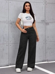 SHEIN ICON 女款 Old Money 風格無彈力休閒直筒寬腿牛仔褲 - 黑色 - 查看 5