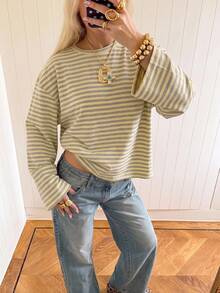 SHEIN EZwear 女款條紋圓領落肩長袖休閒寬鬆T恤 - 彩色 - 查看 3