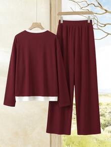 Rusticease Women's 2 In 1 Patchwork Long Sleeve Top And Pants Casual Daily Two Pieces Set - Burgundy - View 2